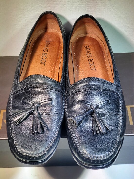 VINTAGE BRASSBOOT BOLTON BLACK TASSEL MENS SLIPON LOAFERS..1990\'S ORIGINAL BOX main image 5